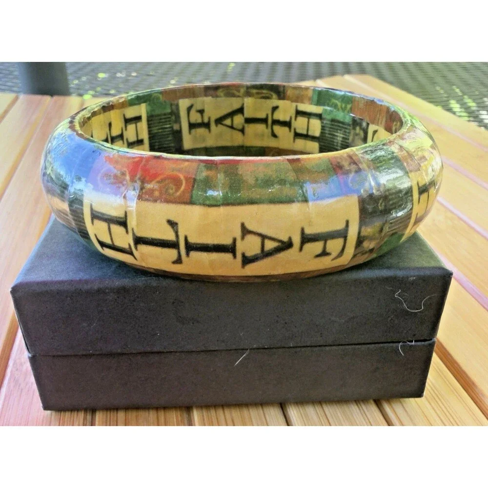 Vintage Handcrafted Decoupage Resin Bangle Bracelets Faith Hope & Peace Set of 3